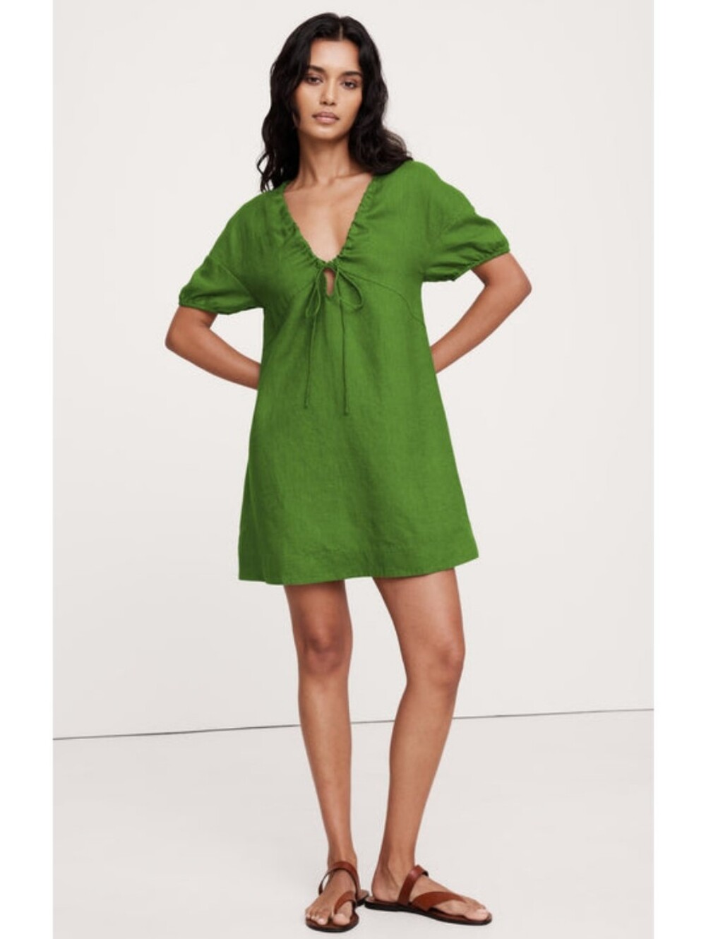 NWT Banana Republic Green Linen Tie Front Short Sleeve Woven Mini Dress - Picture 8 of 8